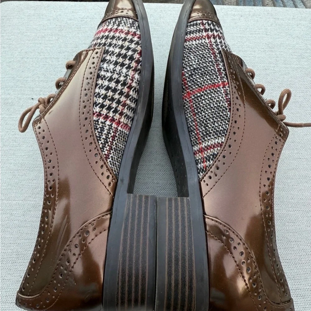 Anne Klein oxford shoes womens 8.5M Louisa Plaid Bronze Lace-up Academia